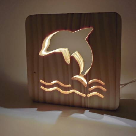 LAMPARA 3D MADERA DISEÑO DELFIN LED440